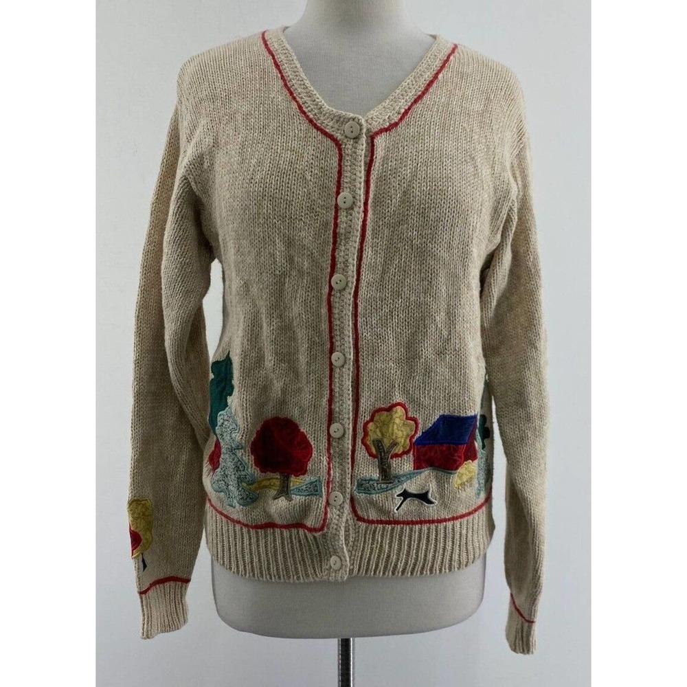 VTG Orvis Beige Embroidered Cotton Blend Knit Cardigan Sweater Womens Size S